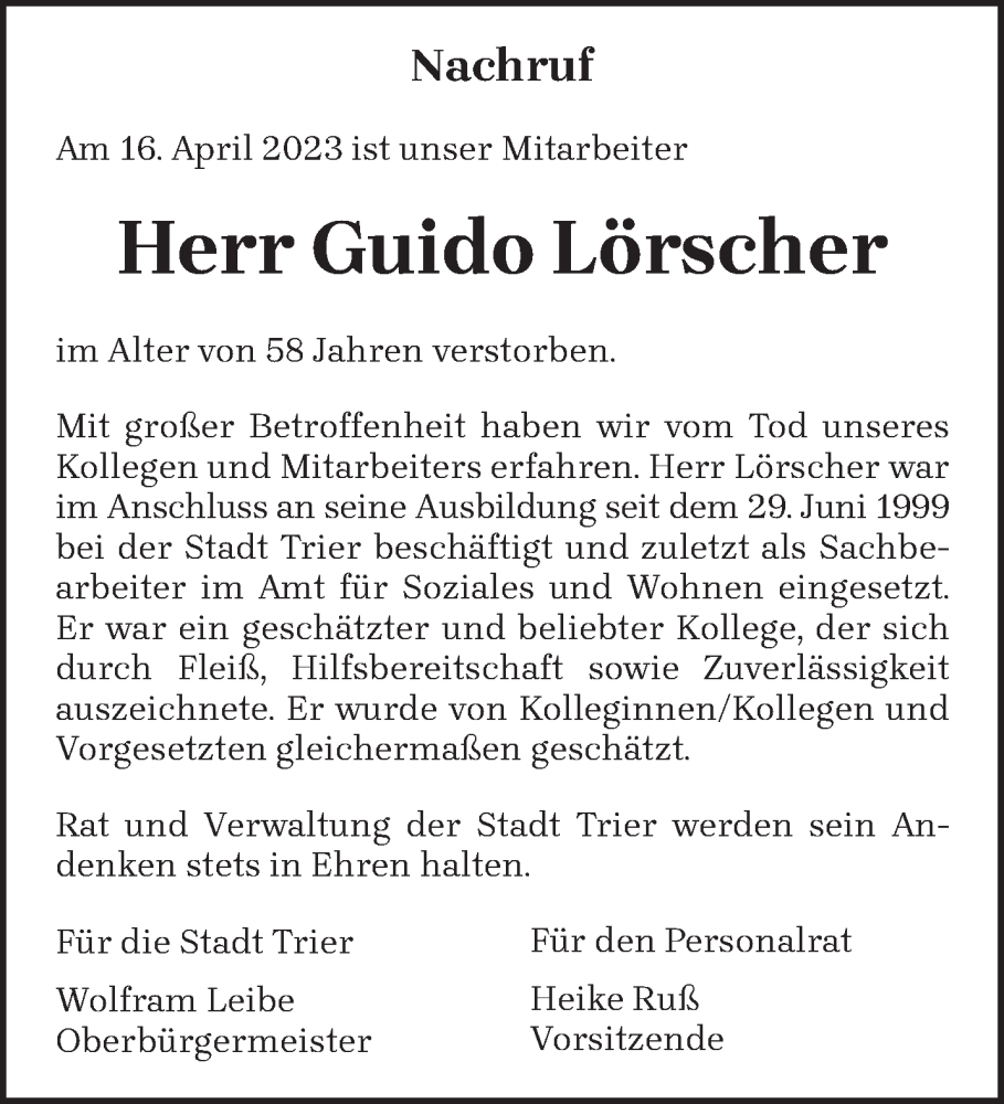  Traueranzeige für Guido Lörscher vom 29.04.2023 aus trierischer_volksfreund