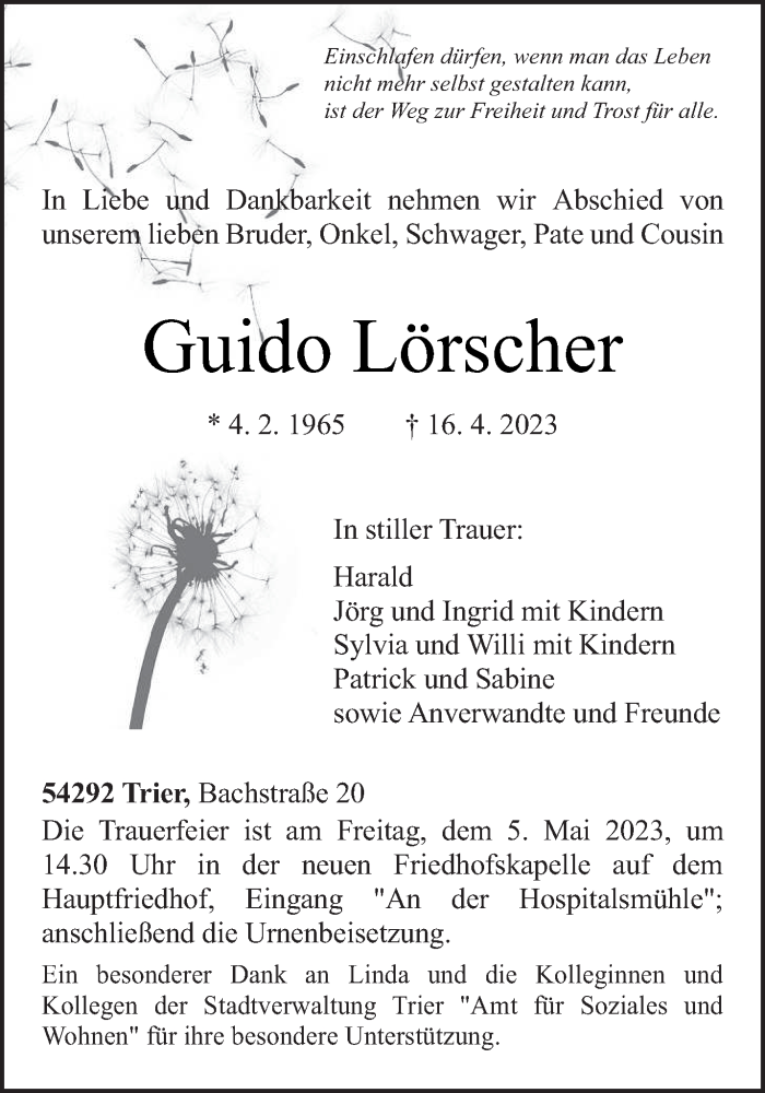  Traueranzeige für Guido Lörscher vom 29.04.2023 aus trierischer_volksfreund
