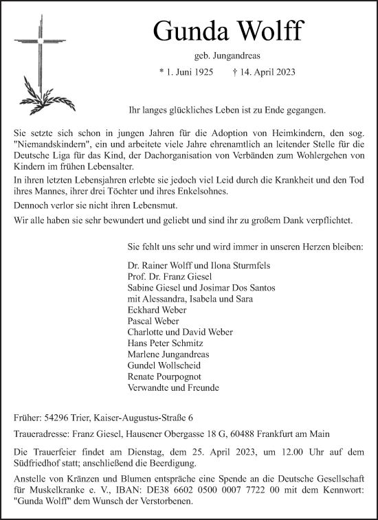 Traueranzeige von Gunda Wolff von trierischer_volksfreund