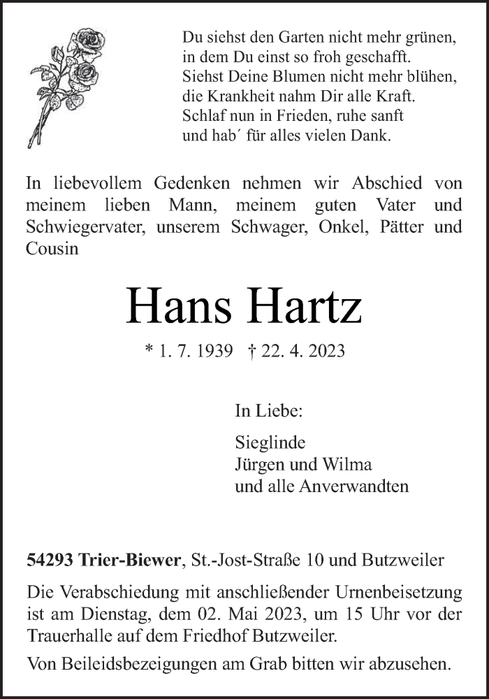  Traueranzeige für Hans Hartz vom 27.04.2023 aus trierischer_volksfreund