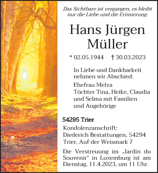Traueranzeige von Hans Jürgen Müller von trierischer_volksfreund