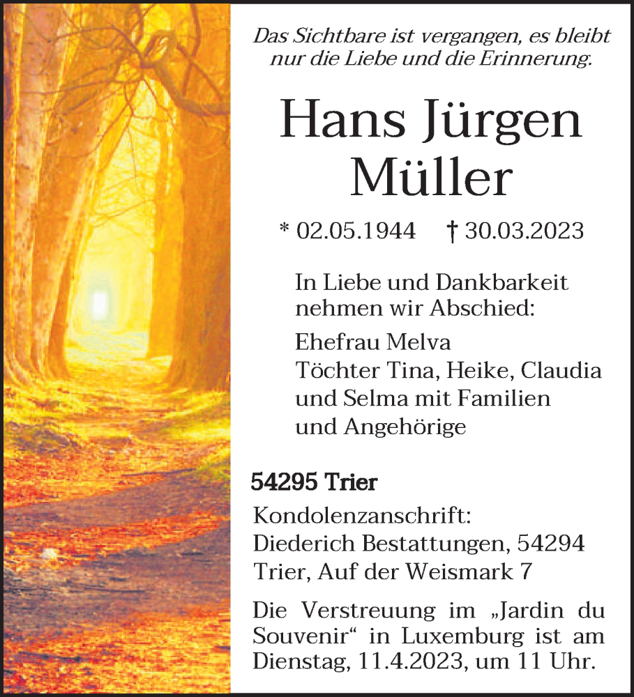  Traueranzeige für Hans Jürgen Müller vom 05.04.2023 aus trierischer_volksfreund