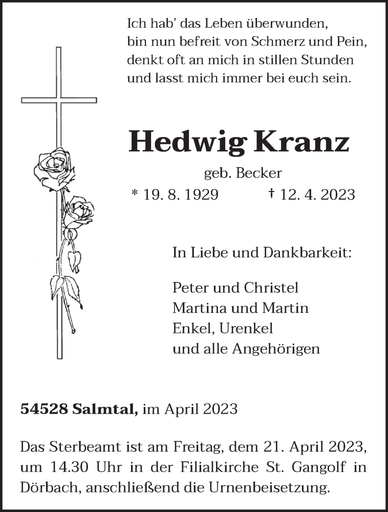  Traueranzeige für Hedwig Kranz vom 18.04.2023 aus trierischer_volksfreund