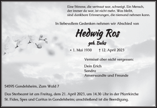 Traueranzeige von Hedwig Ros von trierischer_volksfreund