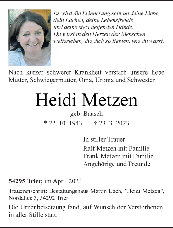 Traueranzeige von Heidi Metzen von trierischer_volksfreund