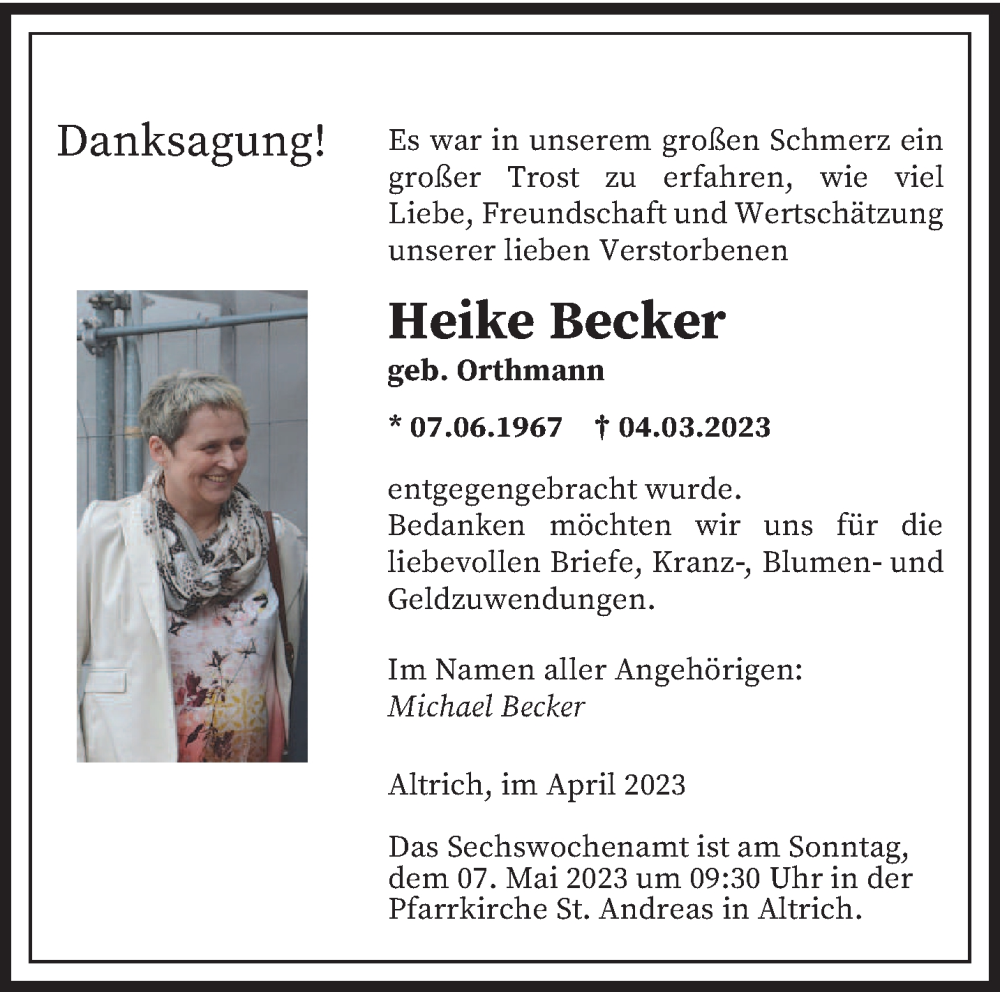  Traueranzeige für Heike Becker vom 29.04.2023 aus trierischer_volksfreund