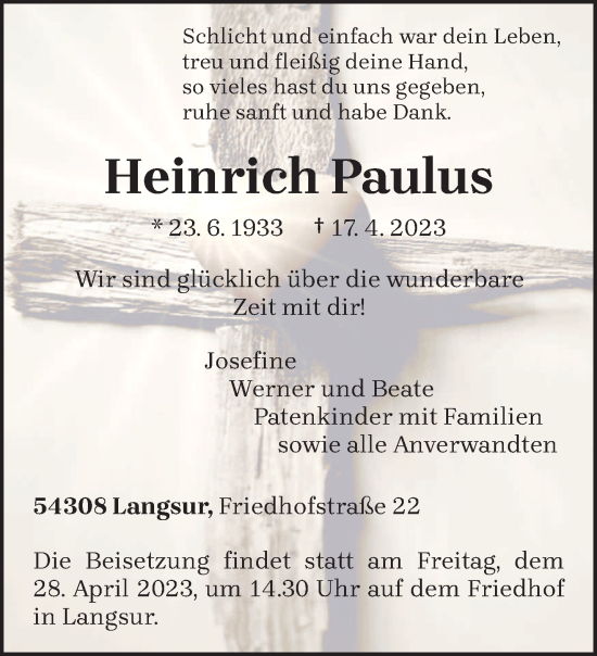 Traueranzeige von Heinrich Paulus von trierischer_volksfreund
