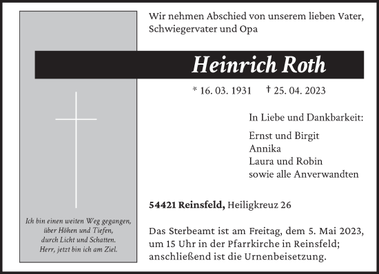 Traueranzeige von Heinrich Roth von trierischer_volksfreund
