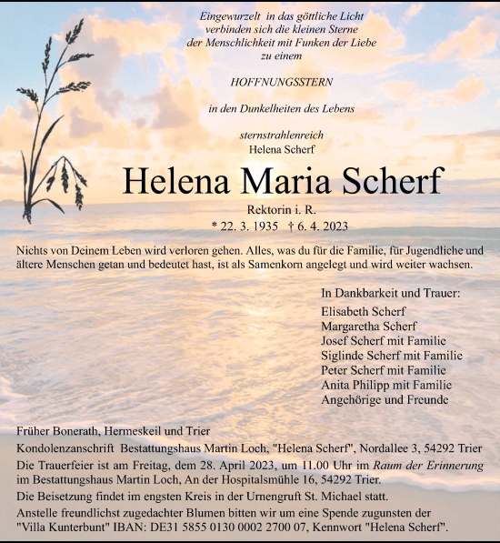Traueranzeige von Helena Maria Scherf von trierischer_volksfreund