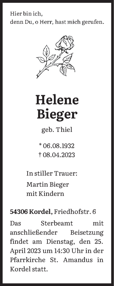 Traueranzeige von Helene Bieger von trierischer_volksfreund
