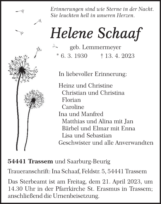Traueranzeige von Helene Schaaf von trierischer_volksfreund