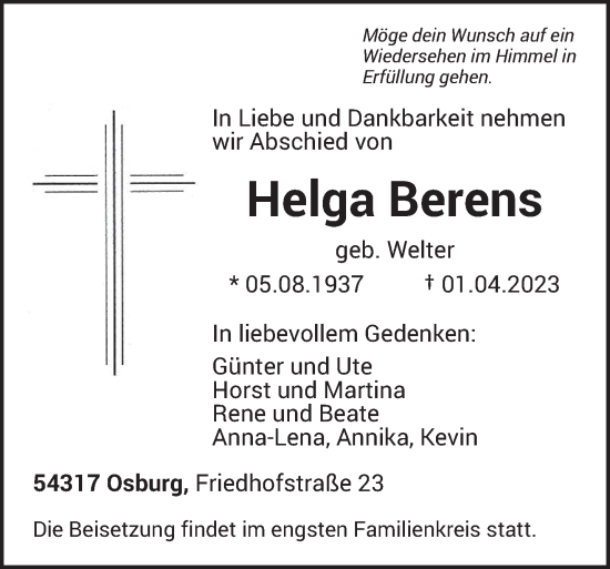Traueranzeige von Helga Berens von trierischer_volksfreund