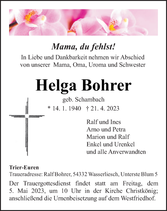 Traueranzeige von Helga Bohrer von trierischer_volksfreund