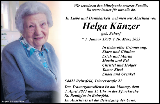 Traueranzeige von Helga Künzer von trierischer_volksfreund