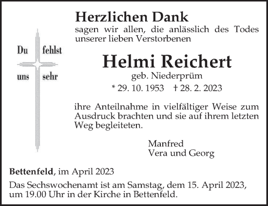 Traueranzeige von Helmi Reichert von trierischer_volksfreund