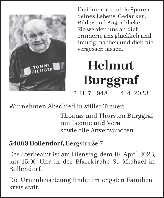 Traueranzeige von Helmut Burggraf von trierischer_volksfreund