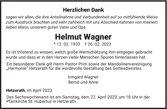 Traueranzeige von Helmut Wagner von trierischer_volksfreund