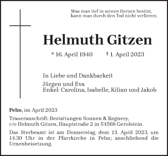 Traueranzeige von Helmuth Gitzen von trierischer_volksfreund