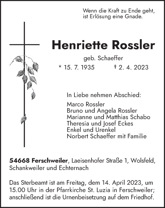 Traueranzeige von Henriette Rossler von trierischer_volksfreund