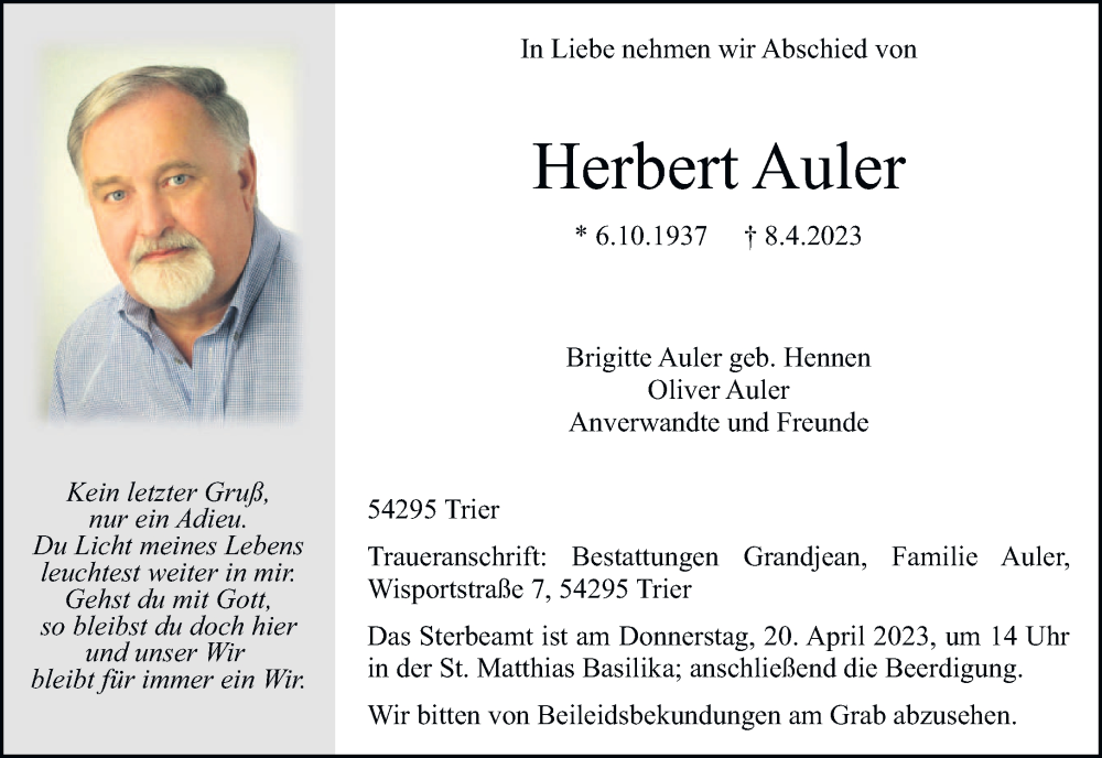  Traueranzeige für Herbert Auler vom 17.04.2023 aus trierischer_volksfreund
