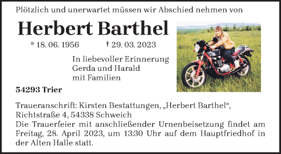 Traueranzeige von Herbert Barthel von trierischer_volksfreund