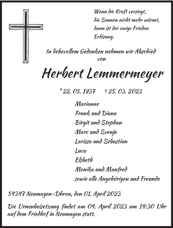 Traueranzeige von Herbert Lemmermeyer von trierischer_volksfreund