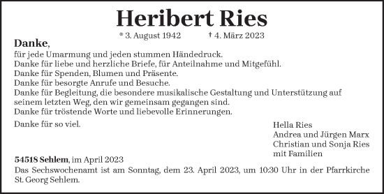 Traueranzeige von Heribert Ries von trierischer_volksfreund