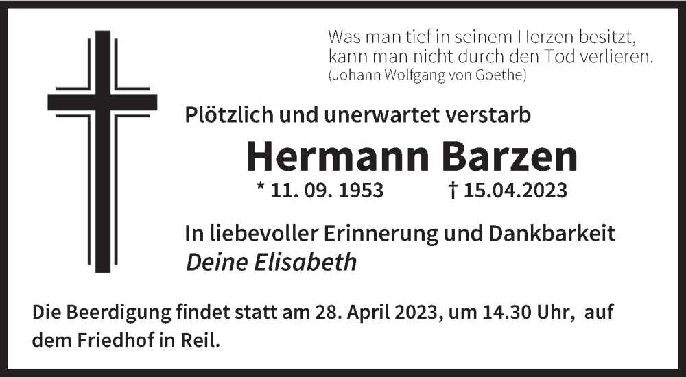  Traueranzeige für Hermann Barzen vom 26.04.2023 aus trierischer_volksfreund