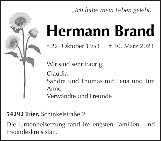 Traueranzeige von Hermann Brand von trierischer_volksfreund