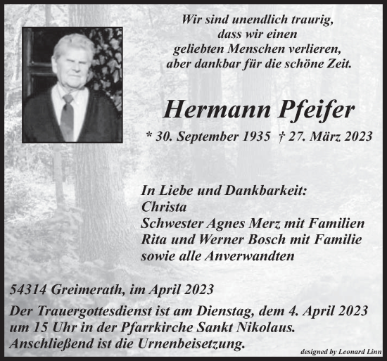 Traueranzeige von Hermann Pfeifer von trierischer_volksfreund