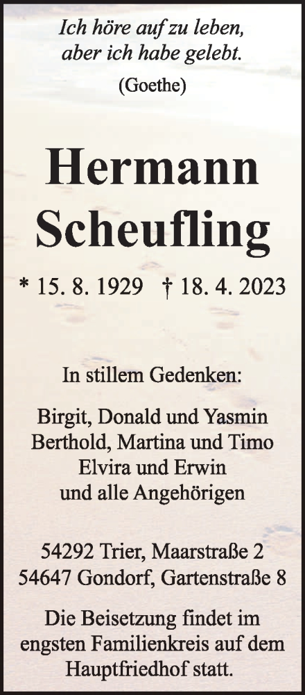 Traueranzeige von Hermann Scheufling von trierischer_volksfreund