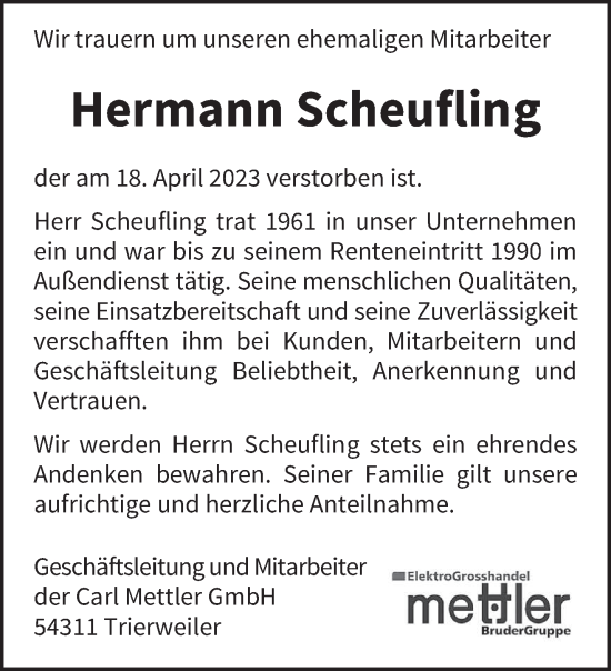 Traueranzeige von Hermann Scheufling von trierischer_volksfreund