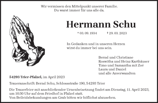 Traueranzeige von Hermann Schu von trierischer_volksfreund