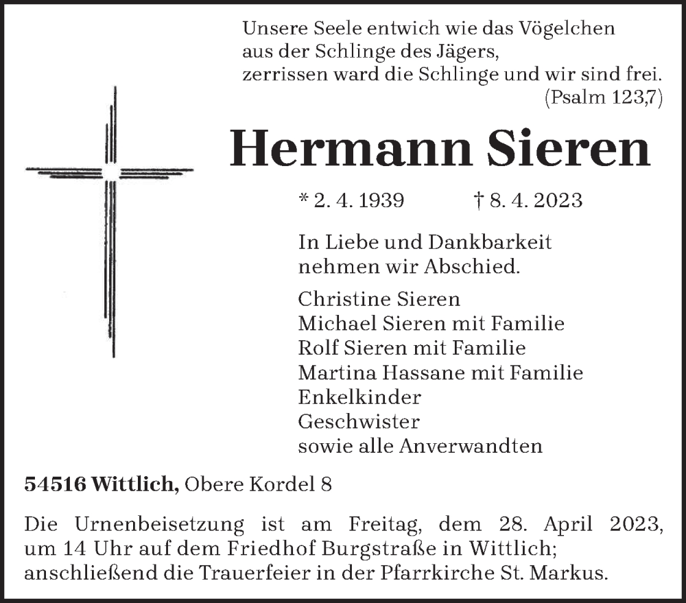  Traueranzeige für Hermann Sieren vom 22.04.2023 aus trierischer_volksfreund