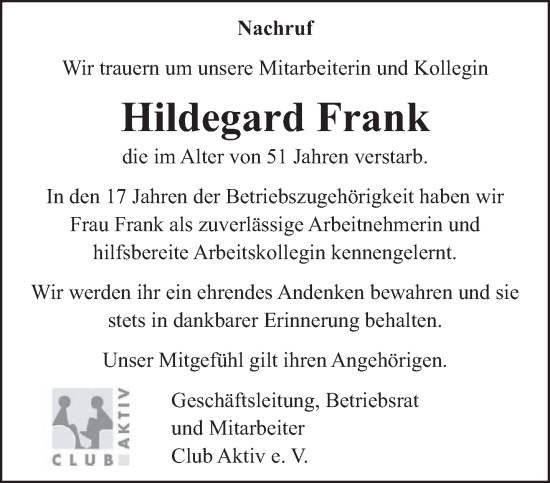 Traueranzeige von Hildegard Frank von trierischer_volksfreund