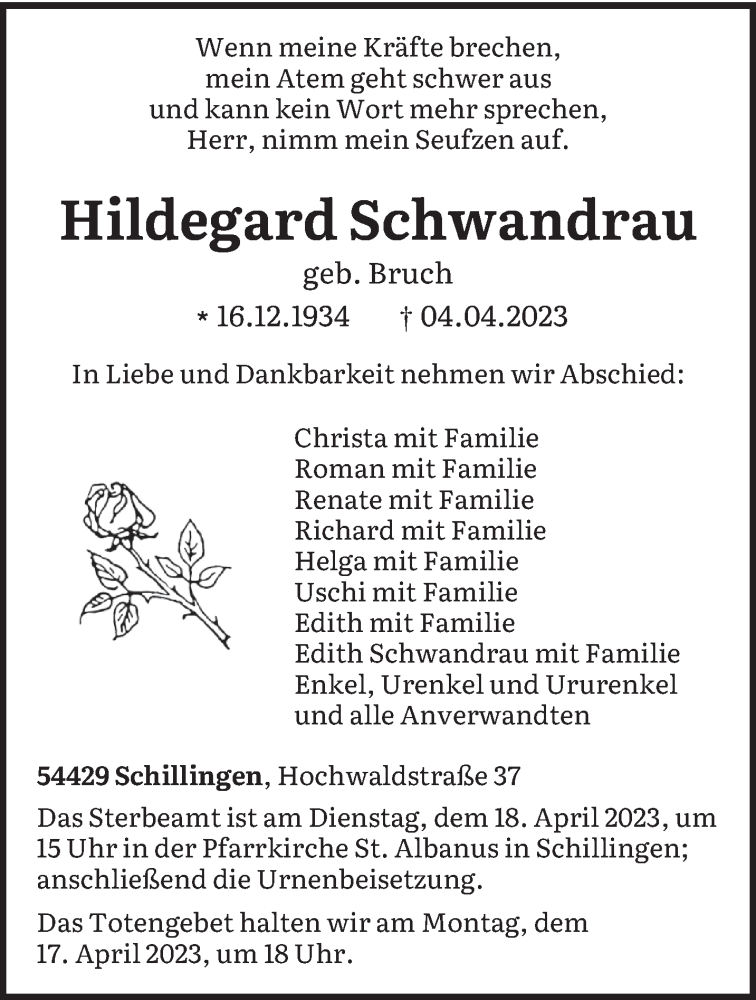  Traueranzeige für Hildegard Schwandrau vom 12.04.2023 aus trierischer_volksfreund