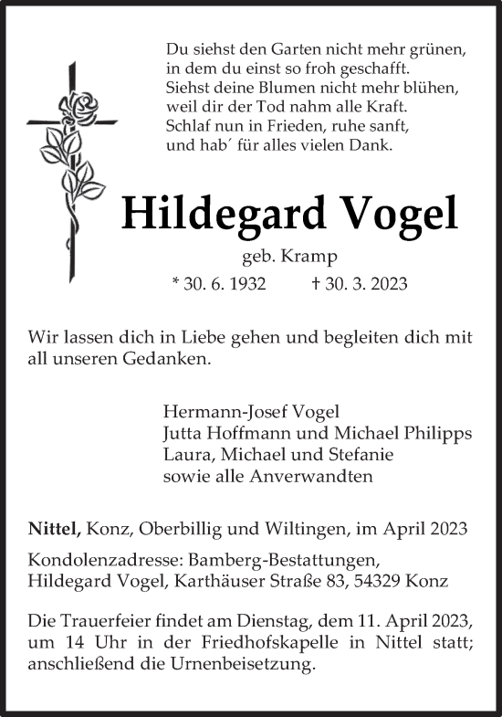 Traueranzeige von Hildegard Vogel von trierischer_volksfreund