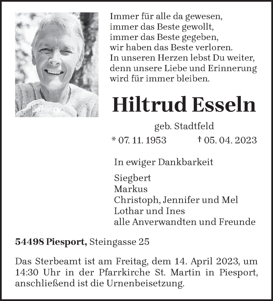  Traueranzeige für Hiltrud Esseln vom 12.04.2023 aus trierischer_volksfreund