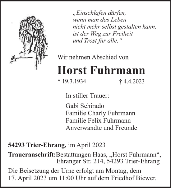 Traueranzeige von Horst Fuhrmann von trierischer_volksfreund