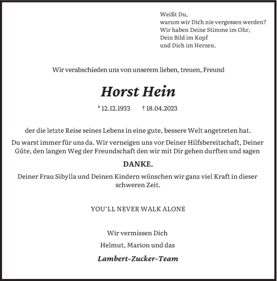 Traueranzeige von Horst Hein von trierischer_volksfreund