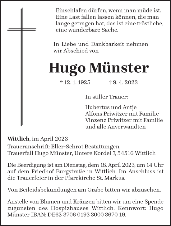 Traueranzeige von Hugo Münster von trierischer_volksfreund