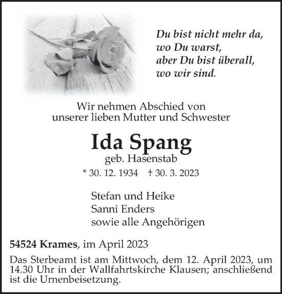 Traueranzeige von Ida Spang von trierischer_volksfreund