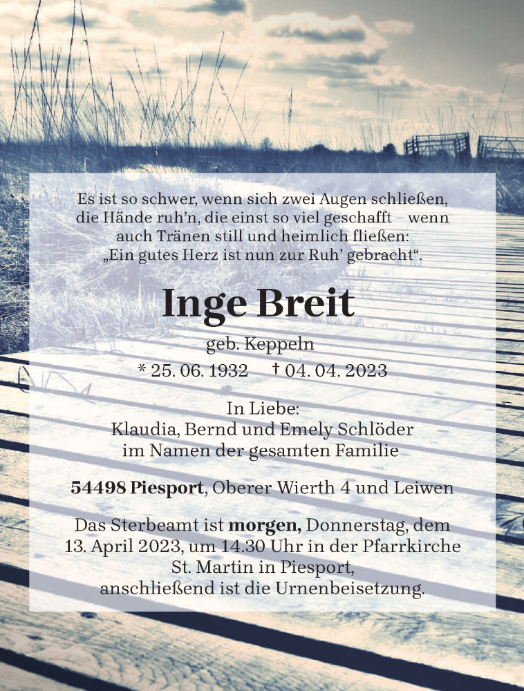  Traueranzeige für Inge Breit vom 12.04.2023 aus trierischer_volksfreund