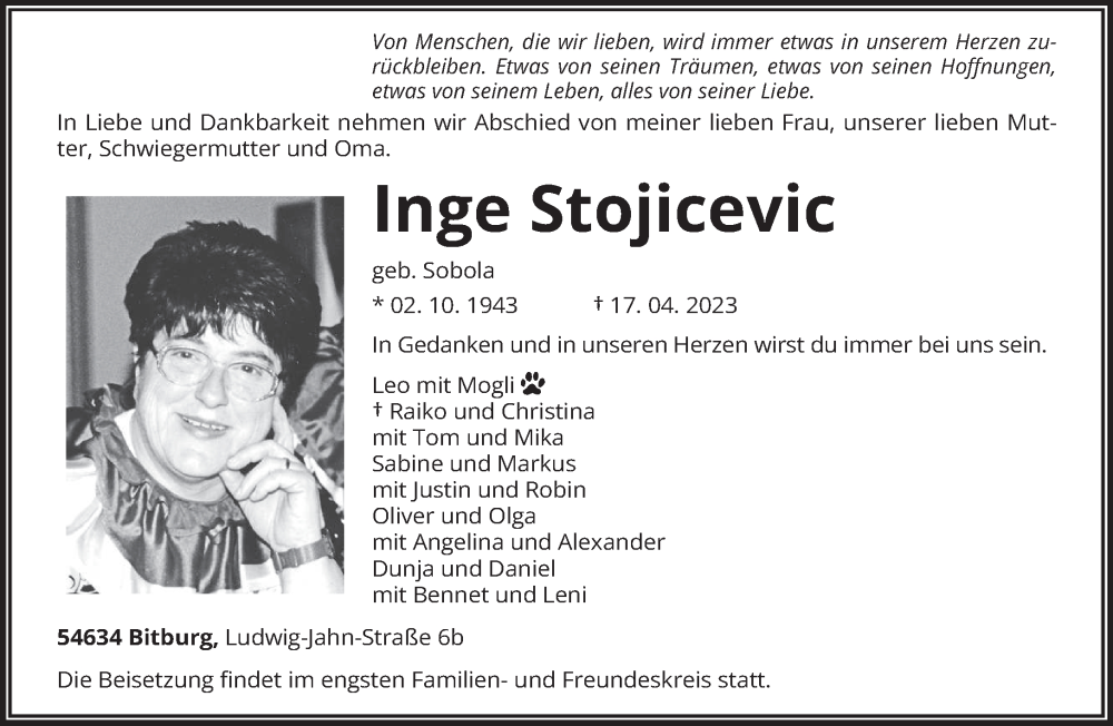  Traueranzeige für Inge Stojicevic vom 22.04.2023 aus trierischer_volksfreund
