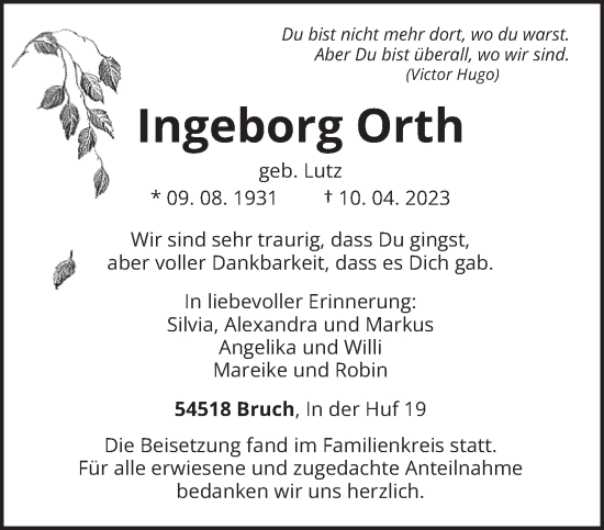 Traueranzeige von Ingeborg Orth von trierischer_volksfreund
