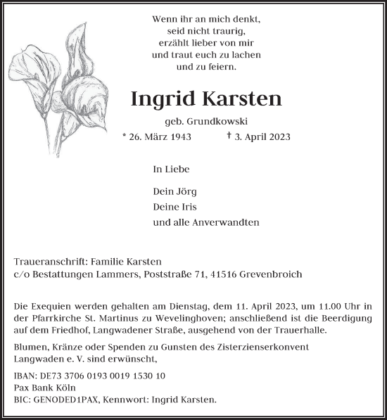 Traueranzeige von Ingrid Karsten von trierischer_volksfreund