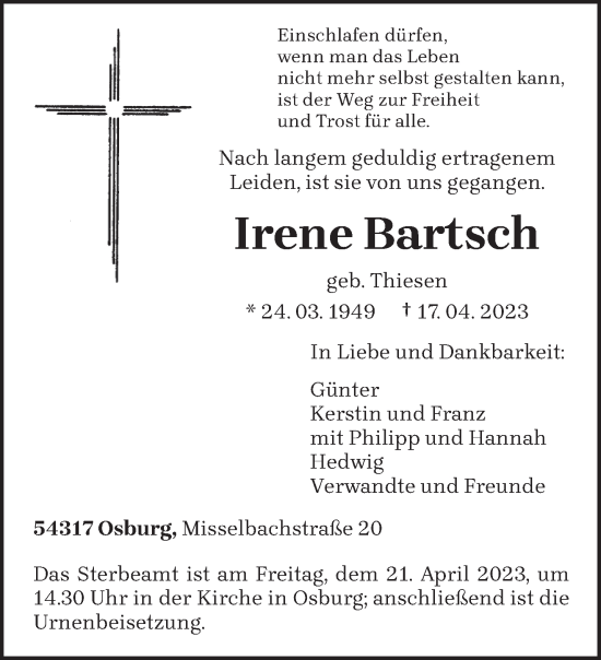 Traueranzeige von Irene Bartsch von trierischer_volksfreund