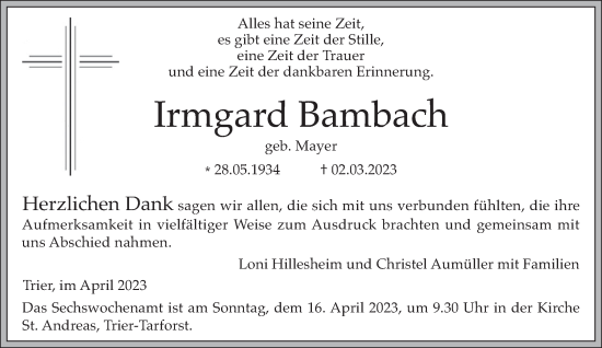 Traueranzeige von Irmgard Bambach von trierischer_volksfreund
