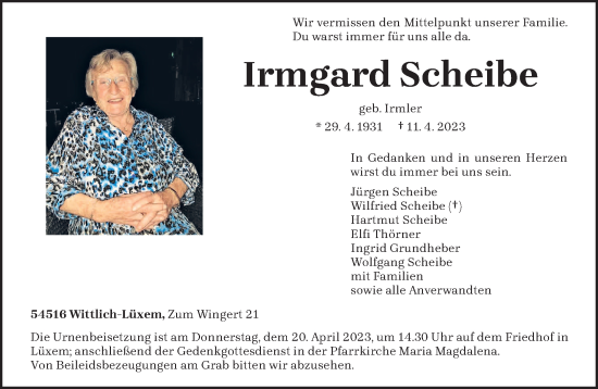 Traueranzeige von Irmgard Scheibe von trierischer_volksfreund