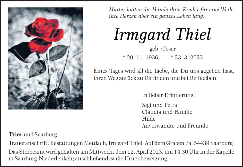  Traueranzeige für Irmgard Thiel vom 08.04.2023 aus trierischer_volksfreund